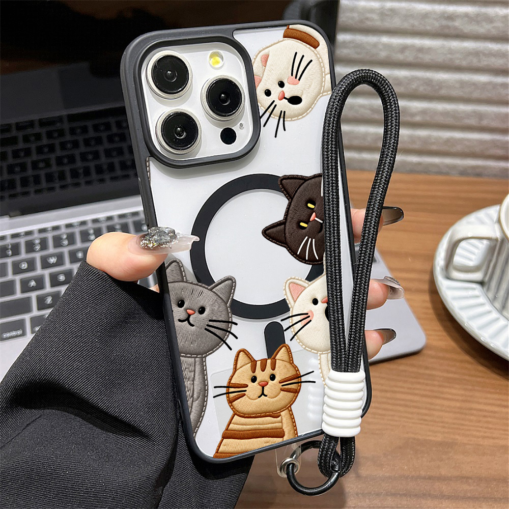 Apple Iphone 16 - Niedliche Handyhülle mit Kunststickerei-Katzenmotiv für iPhone